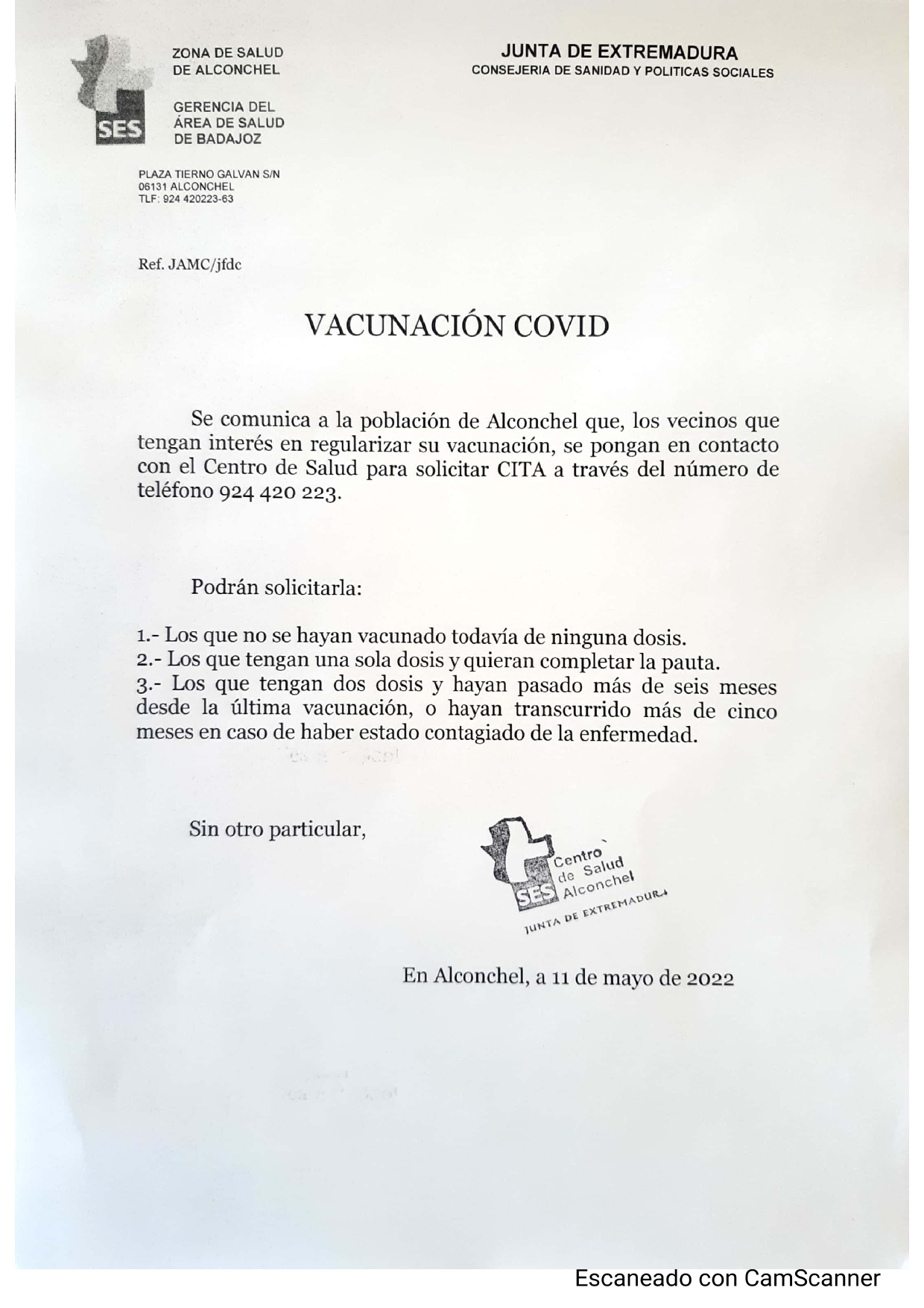 VACUNACIÓN COVID EN EL CENTRO DE SALUD DE ALCONCHEL