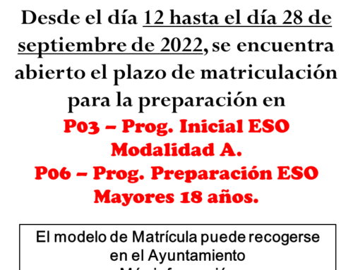 ABIERTO EL PLAZO MATRICULACIÓN AULA EDUCACIÓN DE ADULTOS 2022/2023 ALCONCHEL