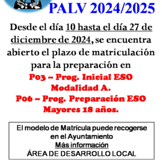 ABIERTO PLAZO MATRICULACIÓN PARA AULA EDUCACIÓN ADULTOS – PALV 2024/2025