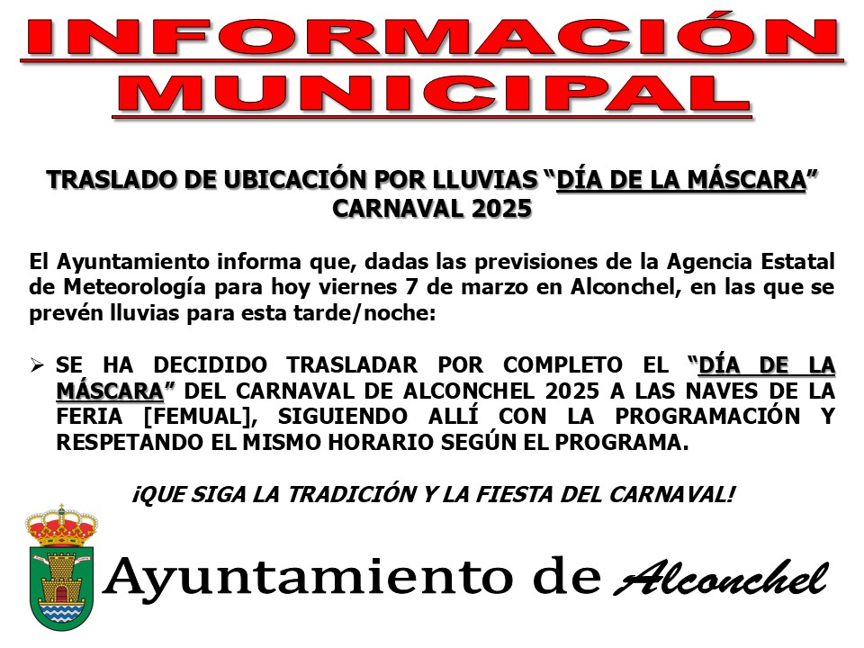 TRASLADO DE UBICACIÓN POR LLUVIAS “DÍA DE LA MÁSCARA” CARNAVAL 2025